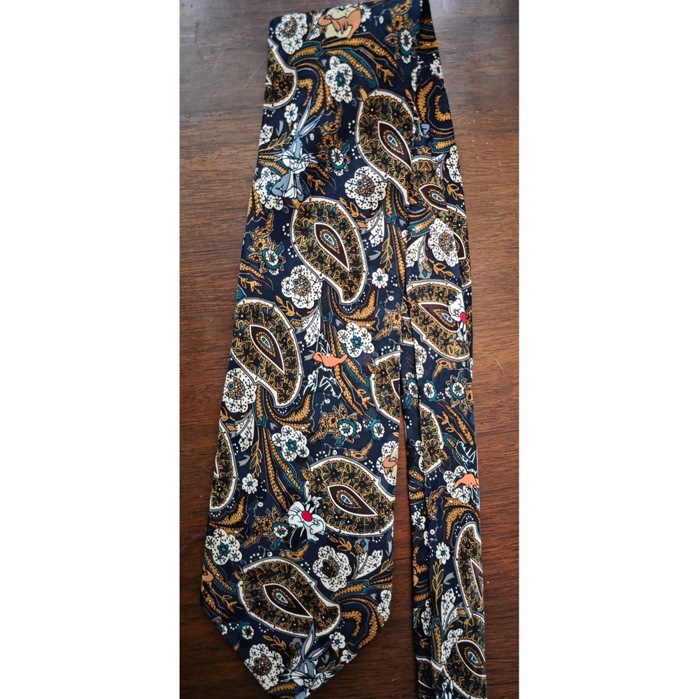 Vintage 1994 Looney Tunes Mania Silk Paisley Tie Bugs Bunny Daffy Duck Taz Navy